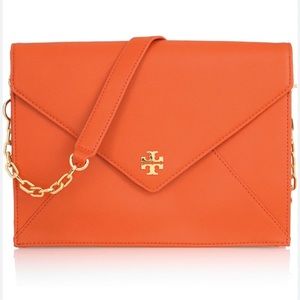 TORY BURCH Robinson envelope clutch blood orange
